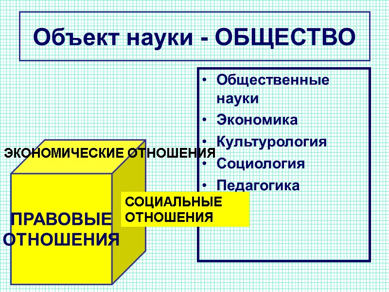 Объект науки - ОБЩЕСТВО Общественные науки  Экономика Культурология Социология Педагогика   ПРАВОВЫЕ